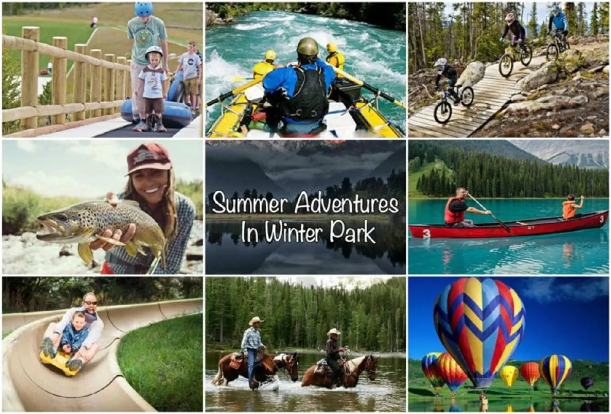 A lively, colorful view of families engaging in summer activities such as river rafting, biking, fishing, horseback and cattle riding, children sliding down a water slide, and hot air balloons rising overhead. The atmosphere is fun, energetic, and family-friendly, emphasizing exploration and adventure.