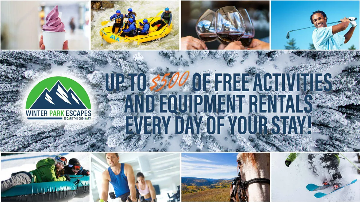 A vibrant exterior scene showcasing a range of outdoor adventure activities, including white-water rafting, skiing, snow tubing, horseback riding, golfing, wine tasting, and relaxing with friends over ice cream. The backdrop features stunning mountain landscapes, capturing the spirit of year-round exploration and fun.