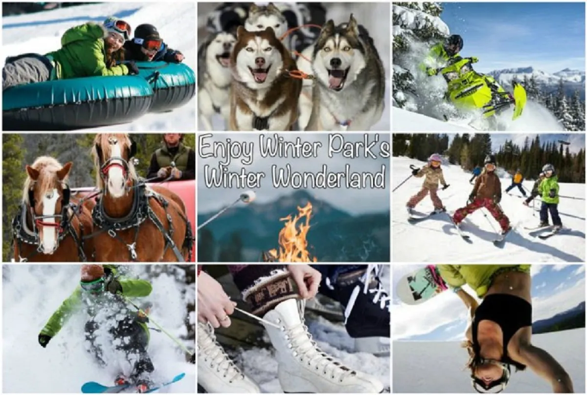 A dynamic collage of joyful winter activities featuring people tubing, children skiing, snowmobiles dashing through snow, a husky dog sled team, horses pulling a sleigh, and families gathered around a fire pit. The scene is energetic and evokes the excitement of winter exploration.