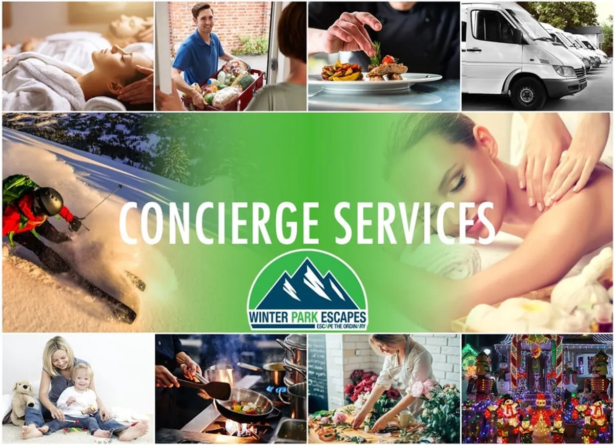 A collage-style interior scene that features visual representations of concierge services, skiing, food delivery, spa treatments, family cooking, and celebratory gatherings. Elements evoke the sense of exclusive services and adventurous experiences, with images of ski gear, relaxing spa scenes, family meals, and festive moments.
